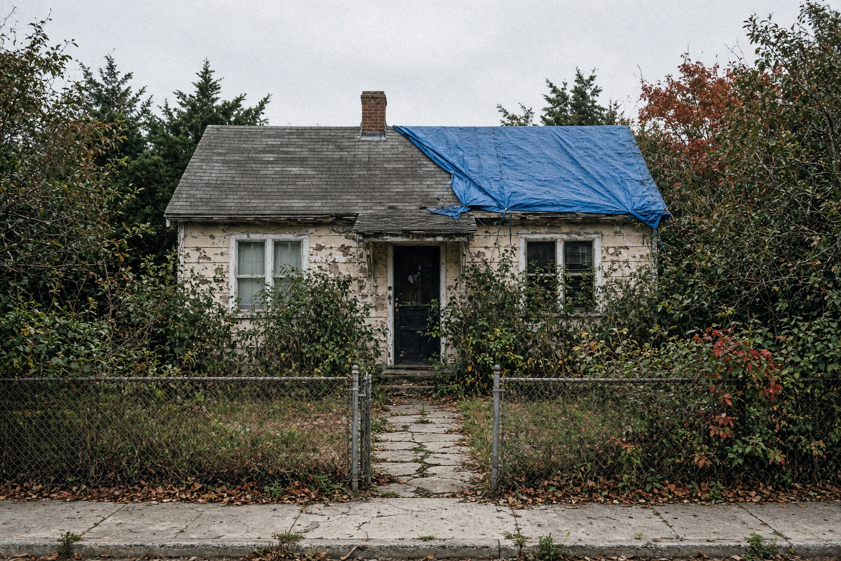 Small Cape with a tarp on the roof behind an overgrown front yard and chain-link fence