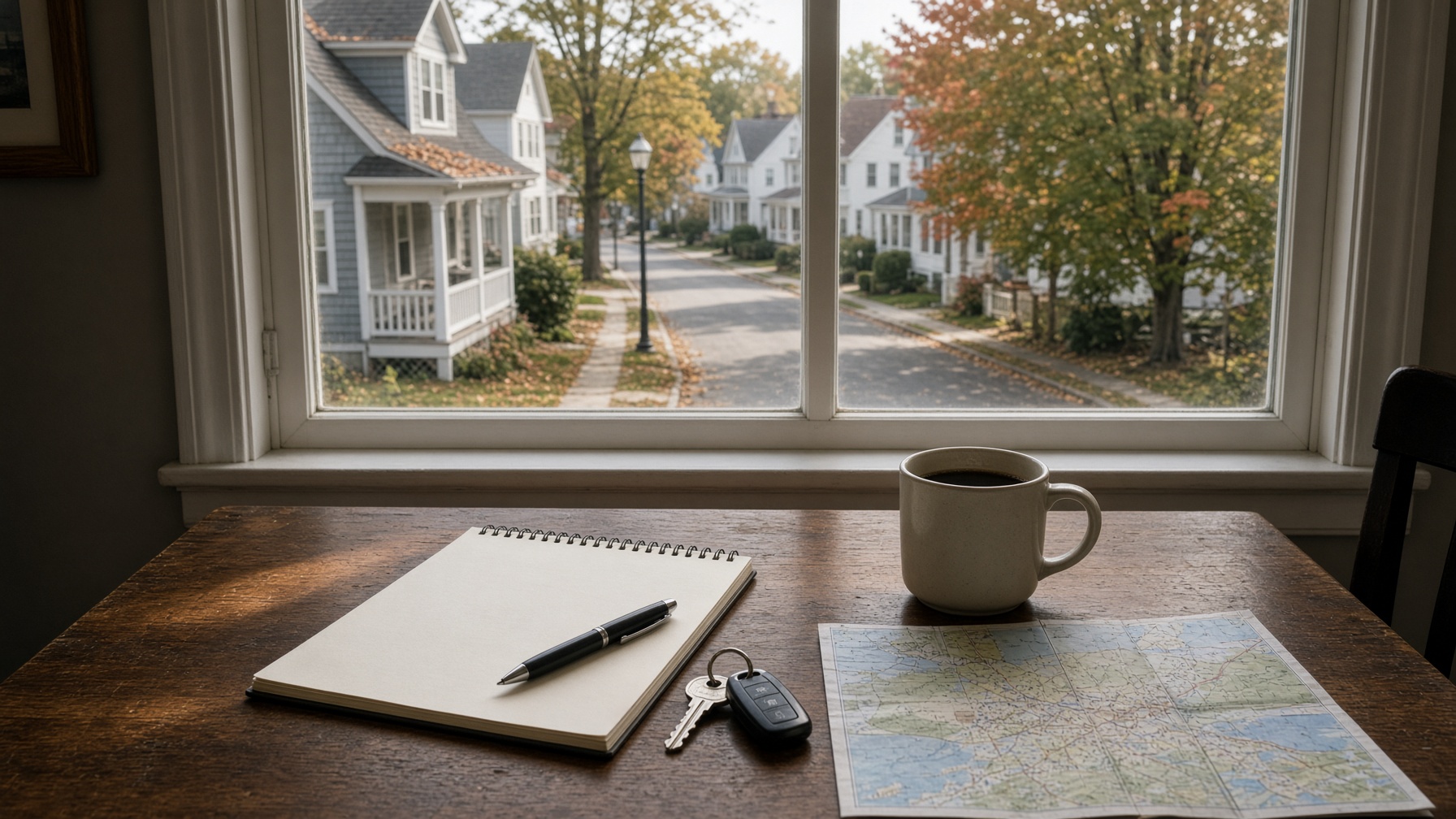 Notebook, house keys, coffee and a map on a table by a window onto a Rhode Island street