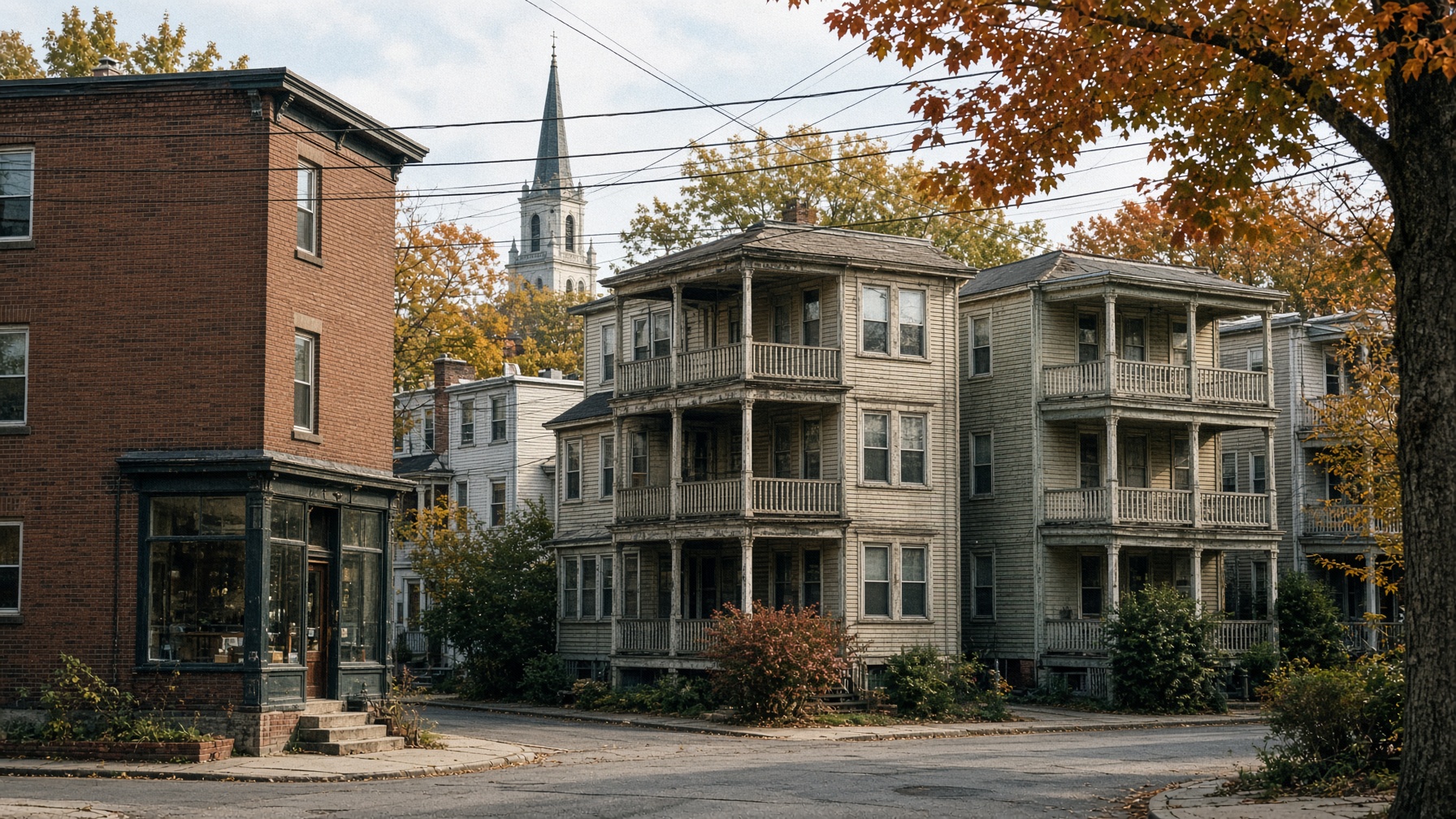 Triple-deckers with stacked porches beside a brick corner store in Providence