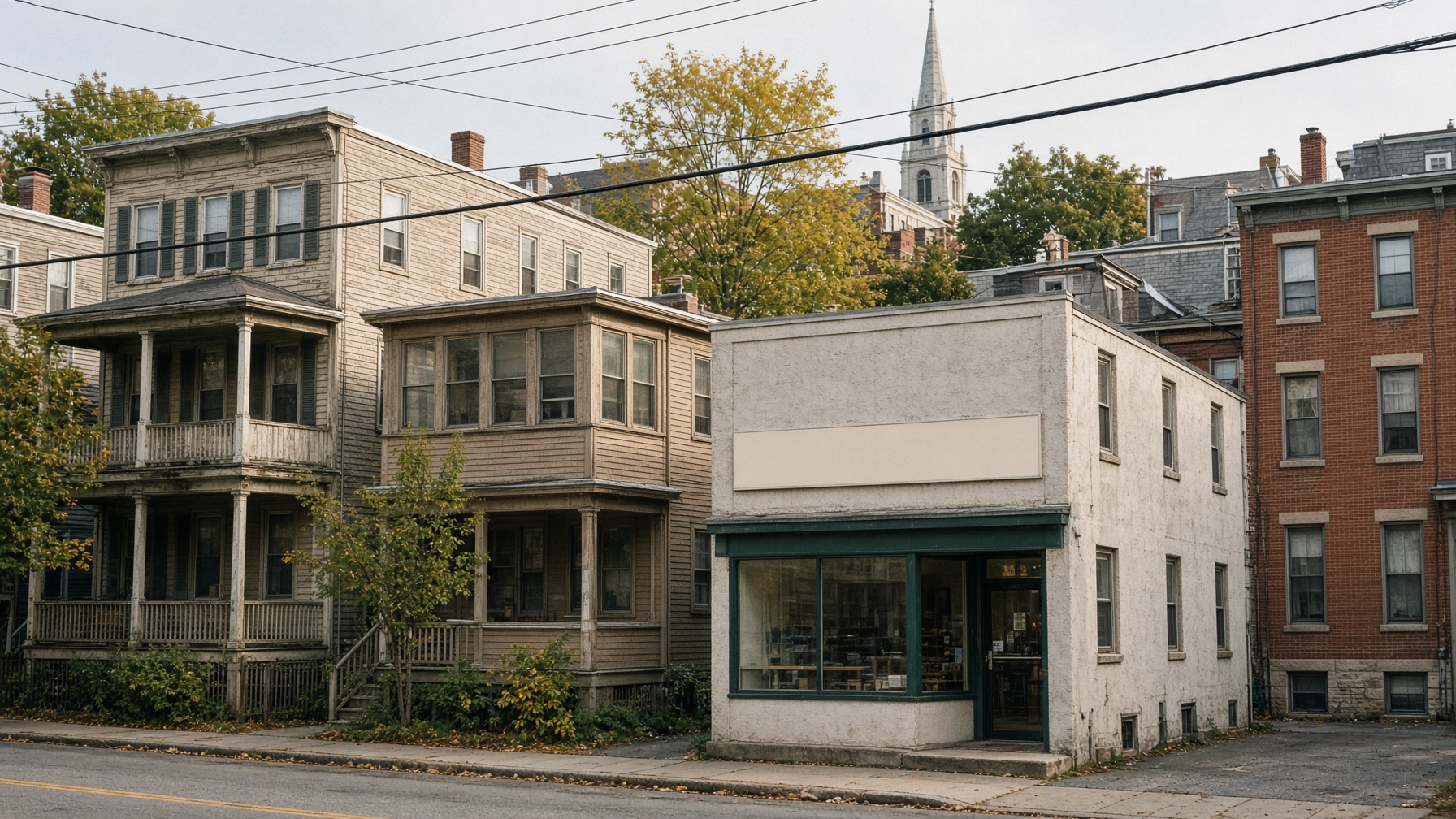 Two-family houses with porches beside a corner storefront on a Providence street