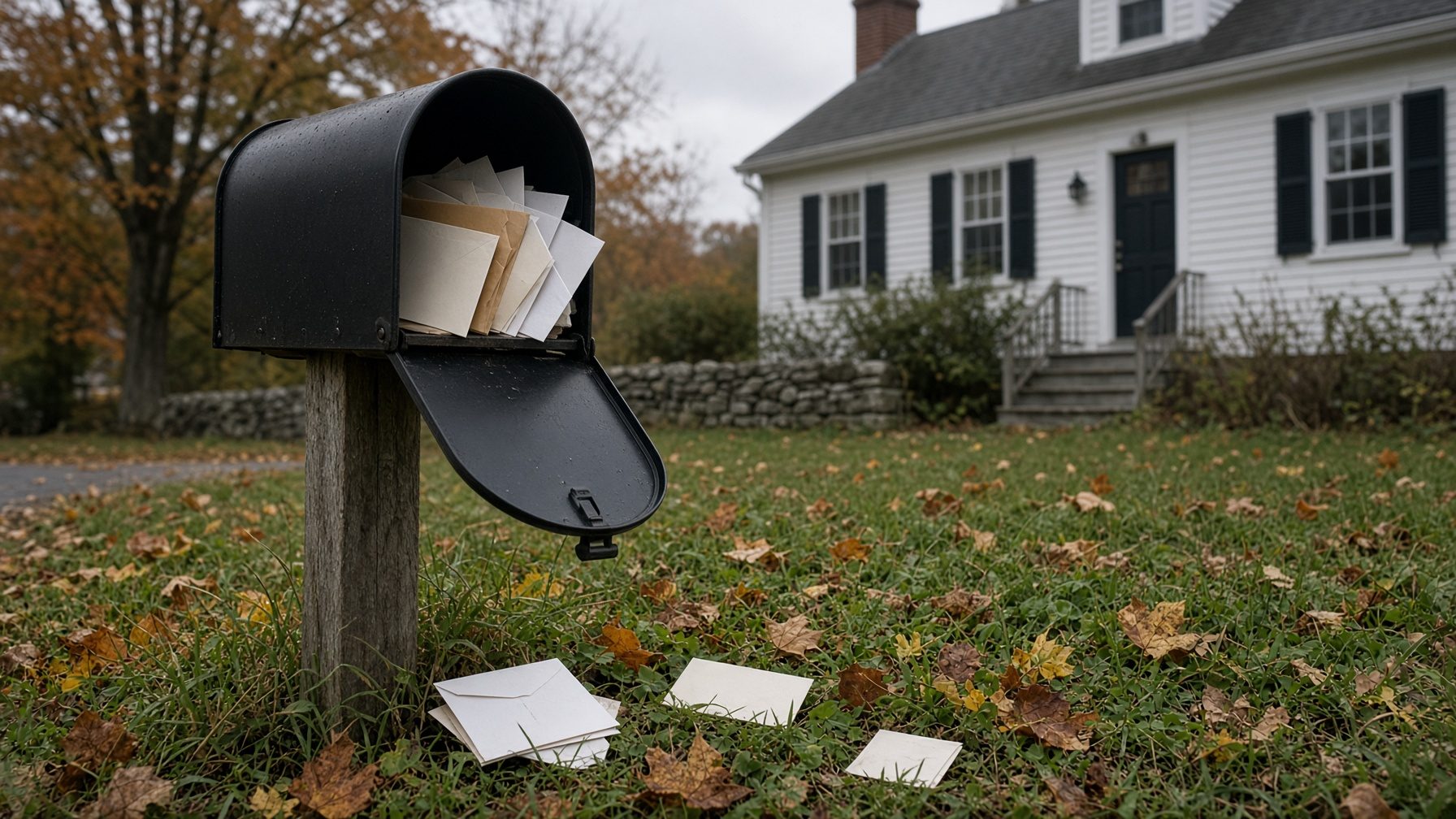 Black mailbox stuffed with envelopes, a few fallen on the grass, in front of a white colonial
