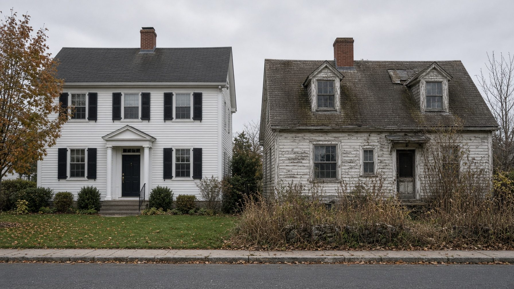 Freshly painted white colonial next to a weathered Cape with peeling paint and an overgrown yard