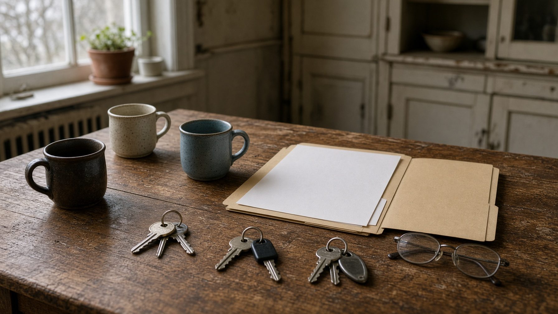 Kitchen table with three mugs, three sets of keys, a folder of papers and reading glasses