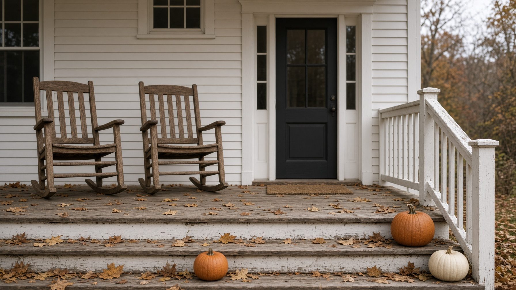 White farmhouse porch with two wooden rocking chairs, a doormat and pumpkins on the steps