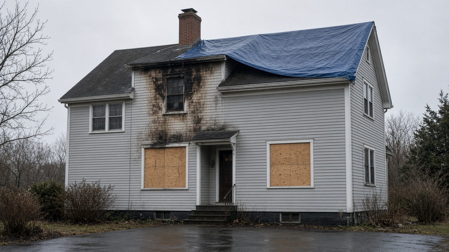 Gray two-story house with soot stains above the door, a blue tarp on the roof and plywood over two windows