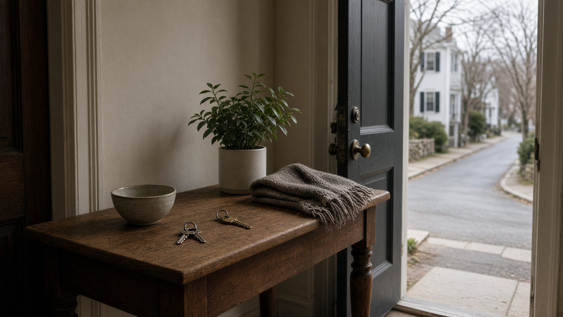 Entry table with a bowl, two separate sets of keys, a plant and a folded blanket, beside an open front door