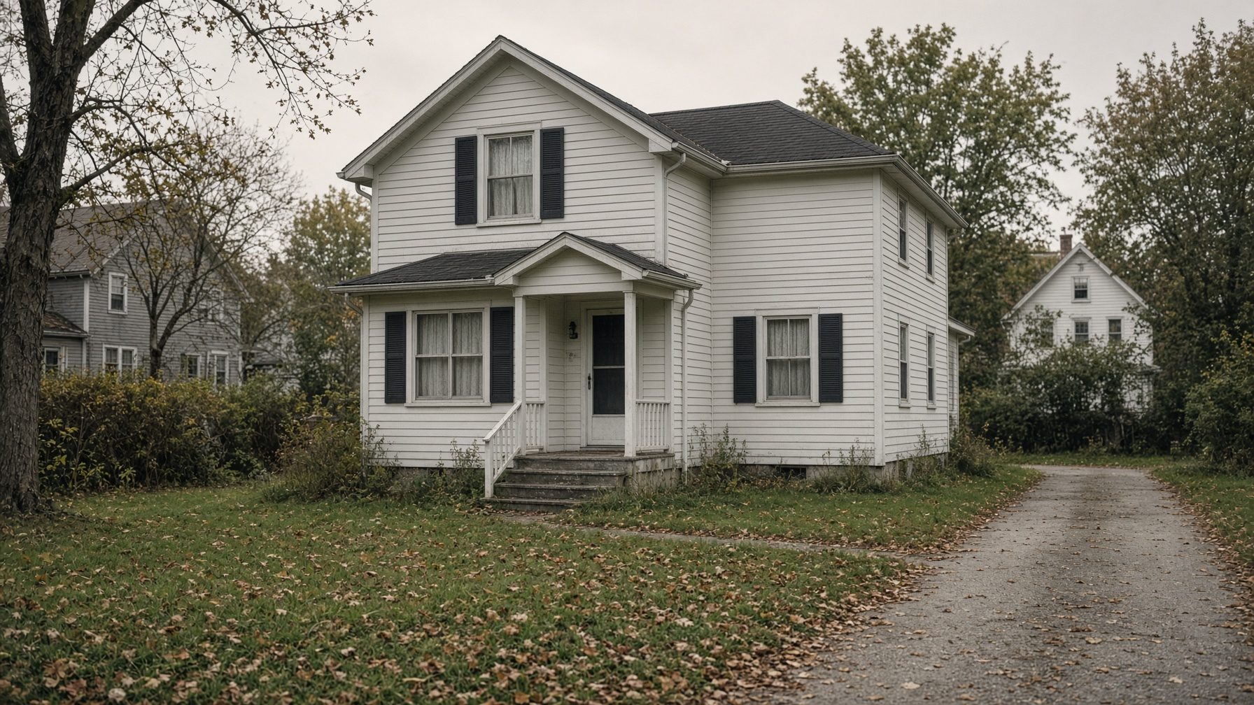 White two-story colonial with black shutters, fallen leaves on the lawn and a gravel driveway