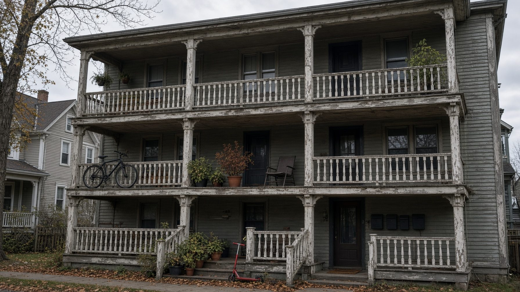 Three-story house with stacked porches and peeling railings, with a bicycle and potted plants on the porches