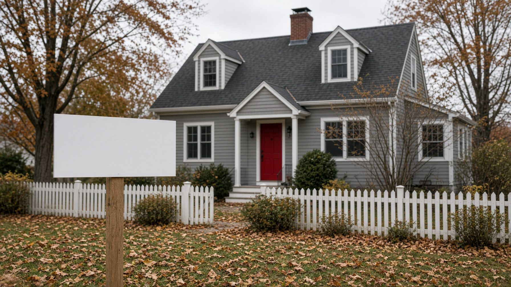 Gray Cape with a red front door behind a white picket fence, with a blank sign on a post in the yard