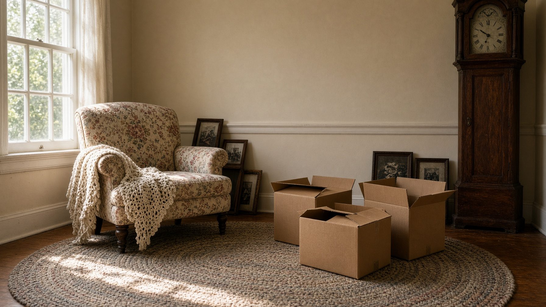 Sunlit room with a floral armchair, framed pictures leaning on the wall, open cardboard boxes and a grandfather clock