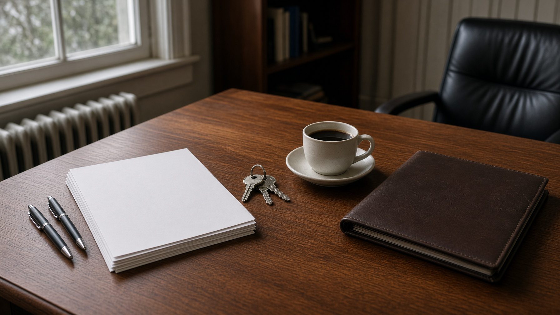 Desk with a stack of blank paper, two pens, a set of keys, a cup of coffee and a leather folder