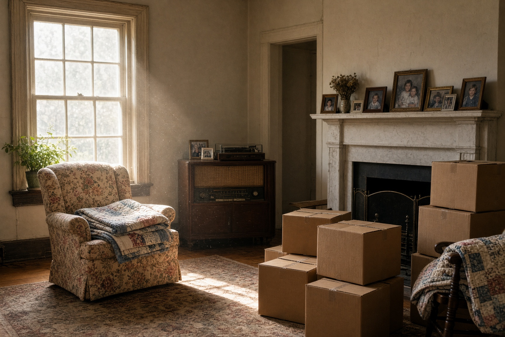 Sunlit living room with a floral armchair, family photos on the mantel and packing boxes
