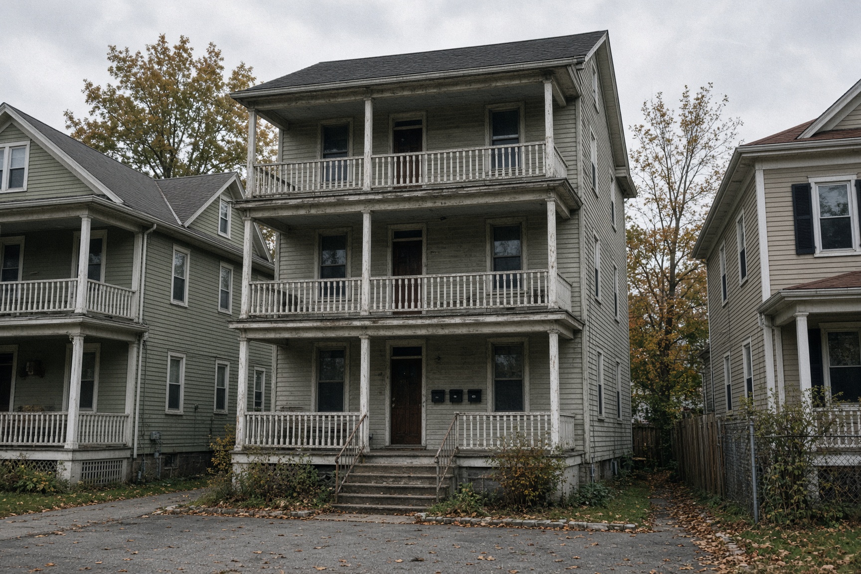 Three-story triple-decker with stacked porches on a Providence street