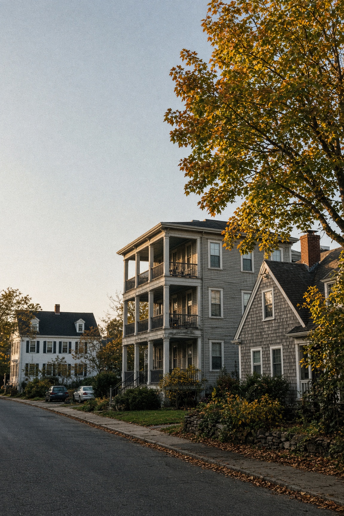 Three-story house with stacked porches beside a gray-shingled house on a quiet street of older homes at sunset, with autumn leaves along the sidewalk
