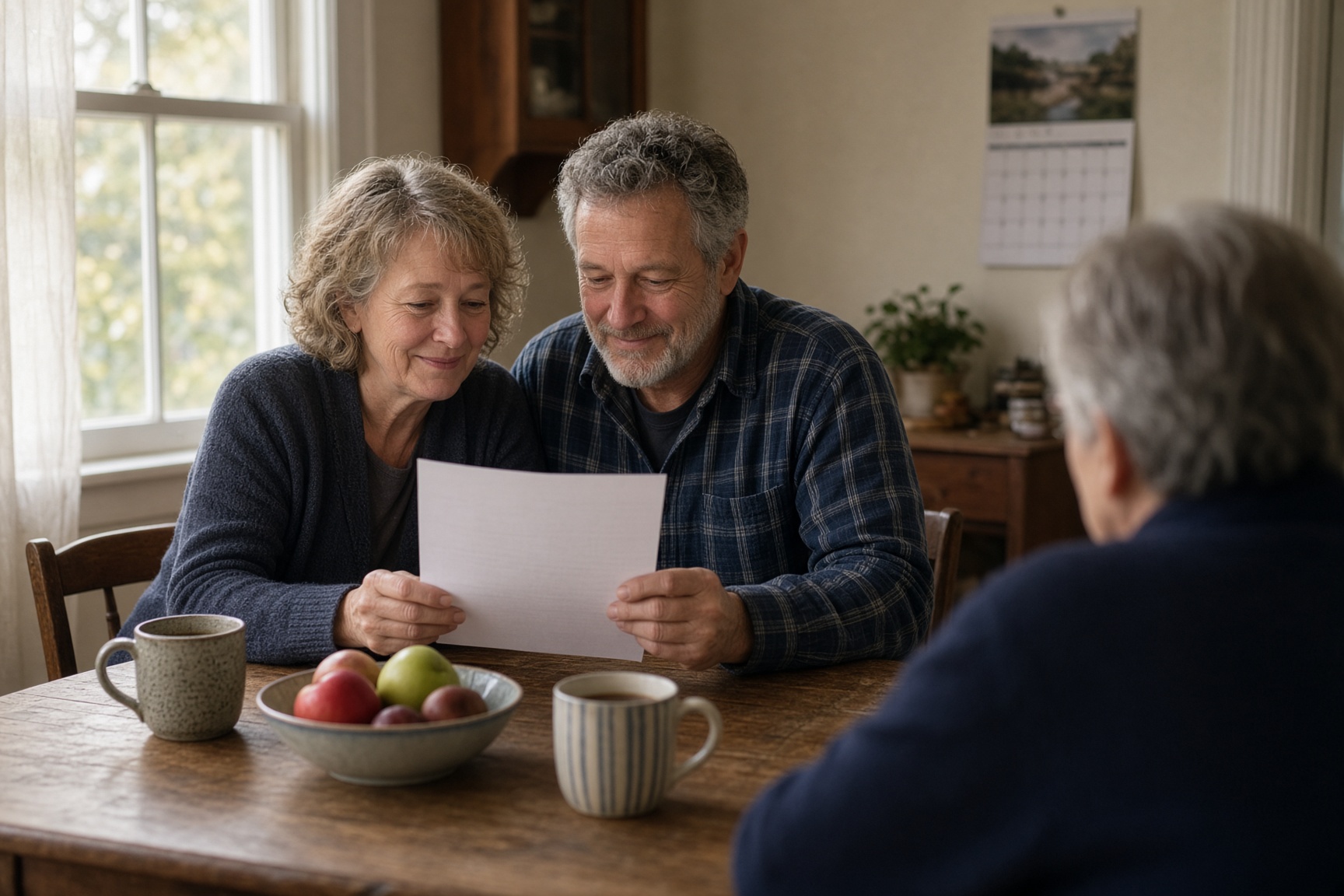 Two people reading a letter together at a kitchen table