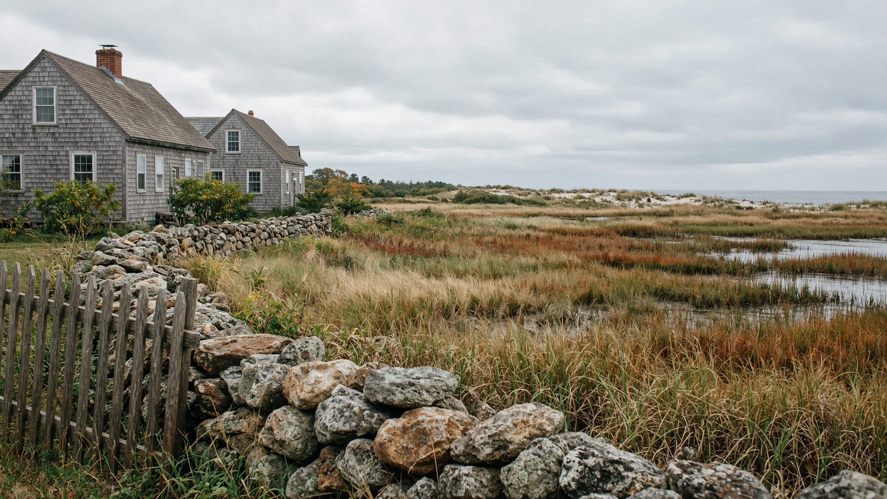 Shingled houses beside a stone wall and salt marsh on the South County coast